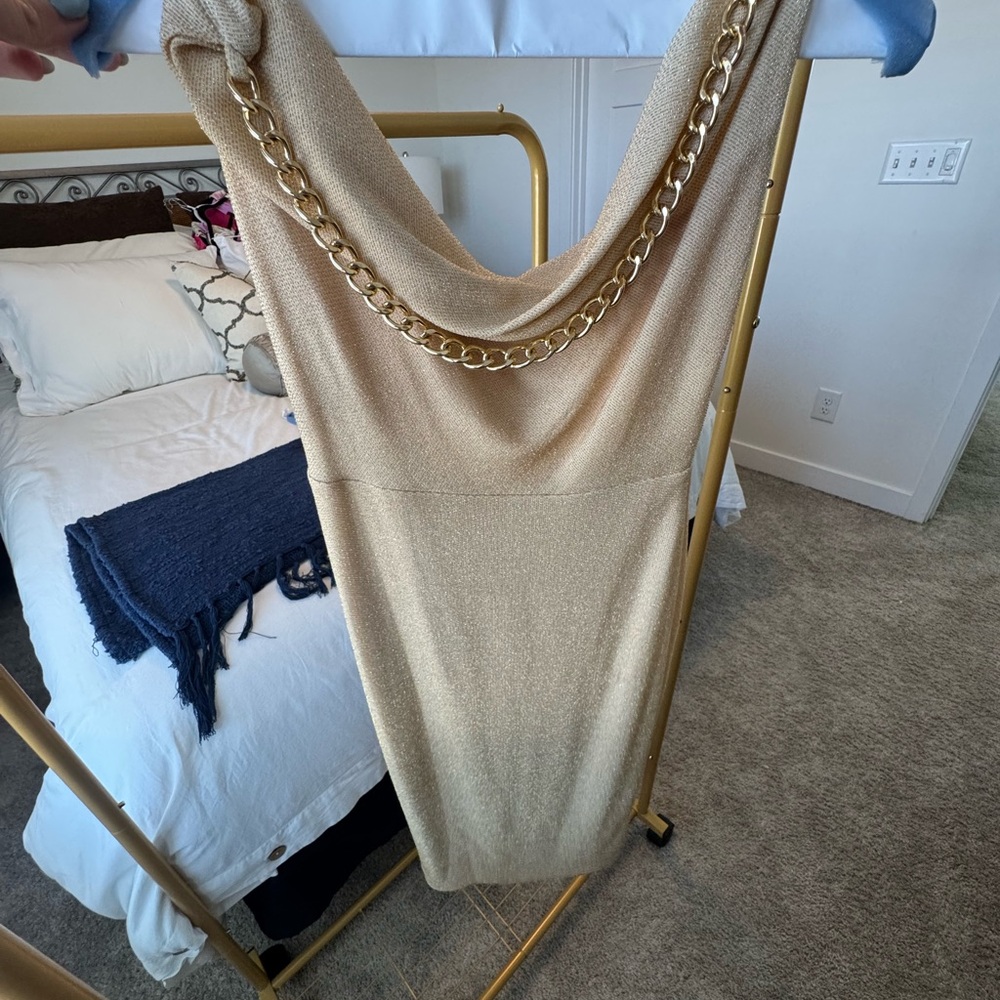 Camila Coelho Gold Metallic Knit Dress with Chain Trim